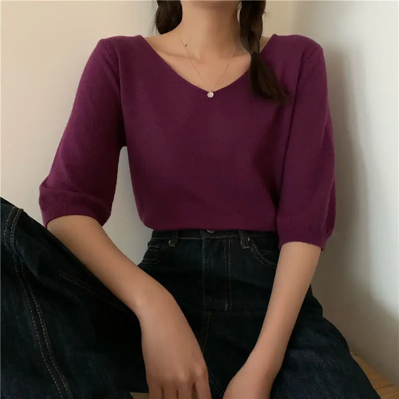 Women Half Sleeve T-shirts V-neck Solid Colorful Knitting Elegant Office Lady Simple Korean Style Females Soft Loose Tops Basic | Женская
