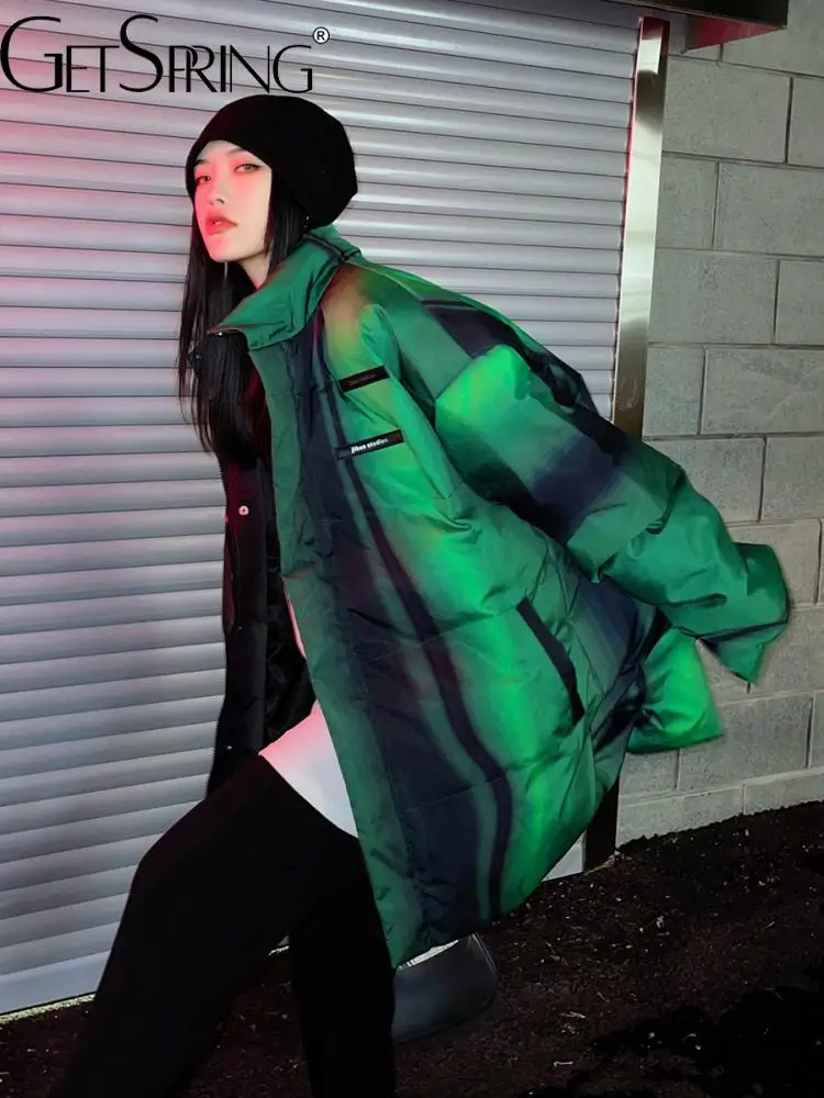 

GetSpring Women Parkas Tie Dye Gradual Cotton Padded Ladies Winter Coat Fashion Loose Long Girls Warm Jacket 2022 New Arrival