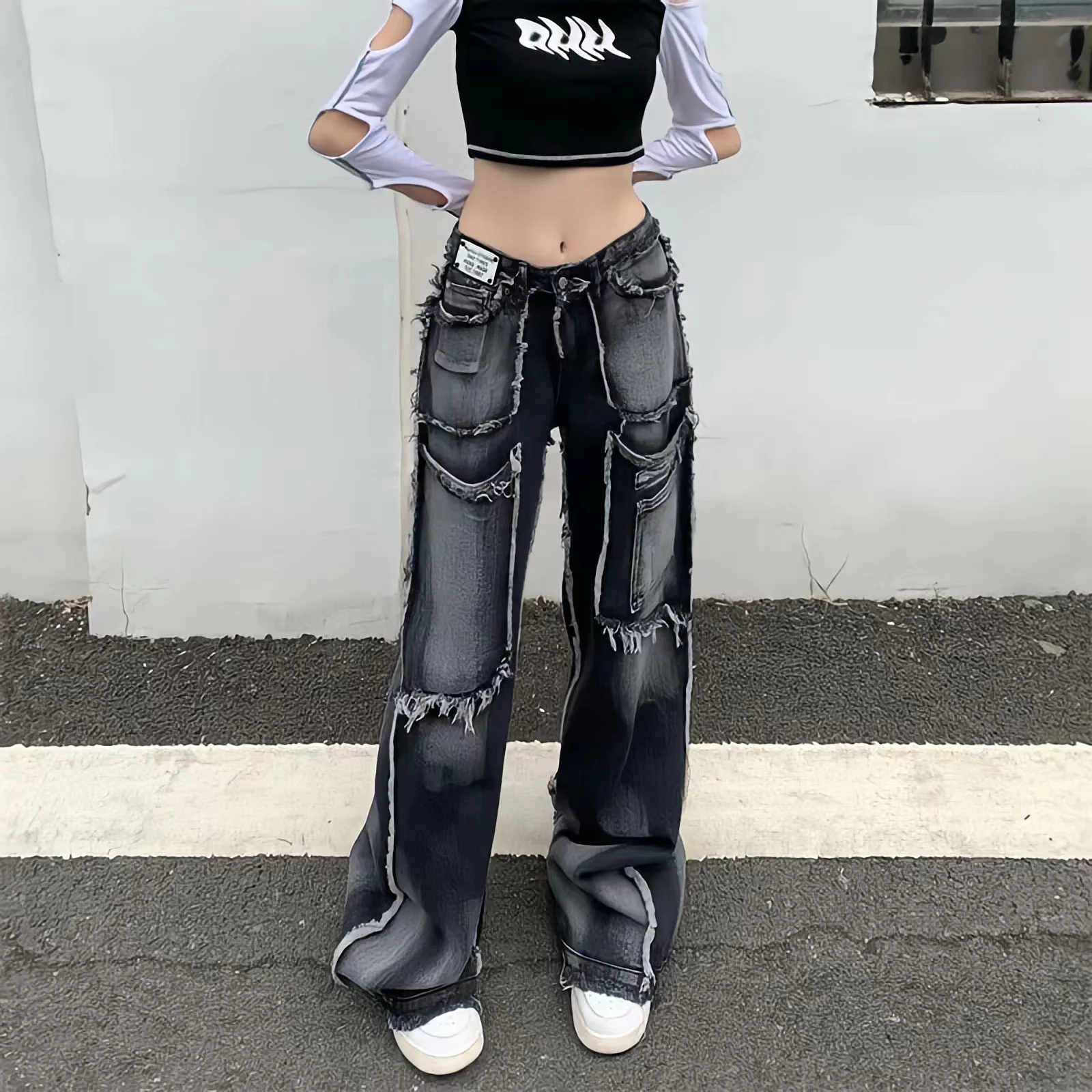Y2K 2023New Fashion Wide Leg Trousers Vintage Wash Rough Edge Straight Tube Splicing  Multiple Pockets High Street Jeans Unisex