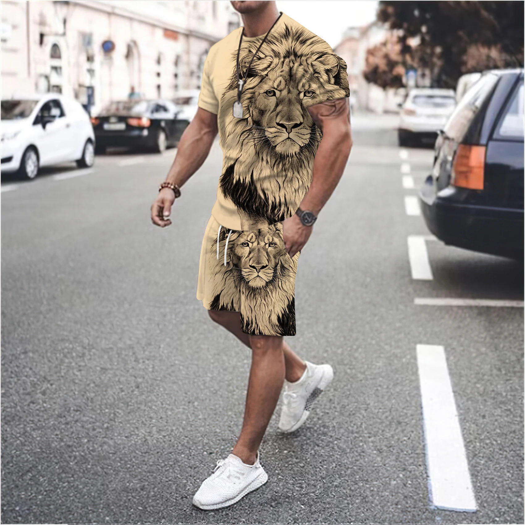 

Summer New Arriver New Men's Short Sleeve Suit Fashion Lion Pattern Streetwear Oversized Rest T-shirt Tracksuit For Men Luxury