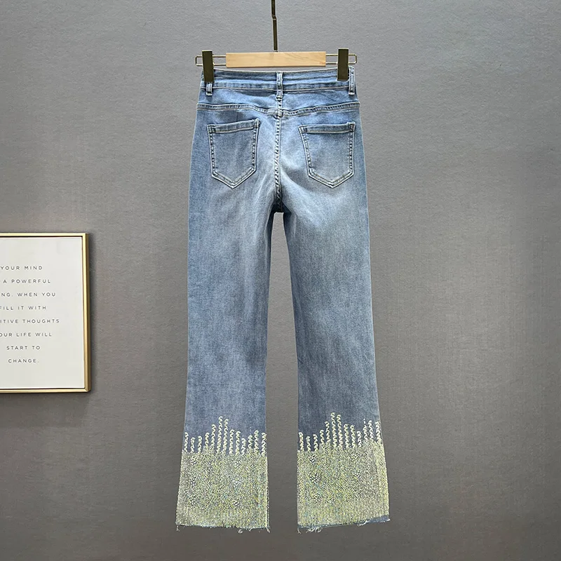 Heavy Hot Drilling Jeans Women's New Spring Summer Clothing High Waisted Jean for Woman Slim Bootcut Trousers Ladies Denim Pants