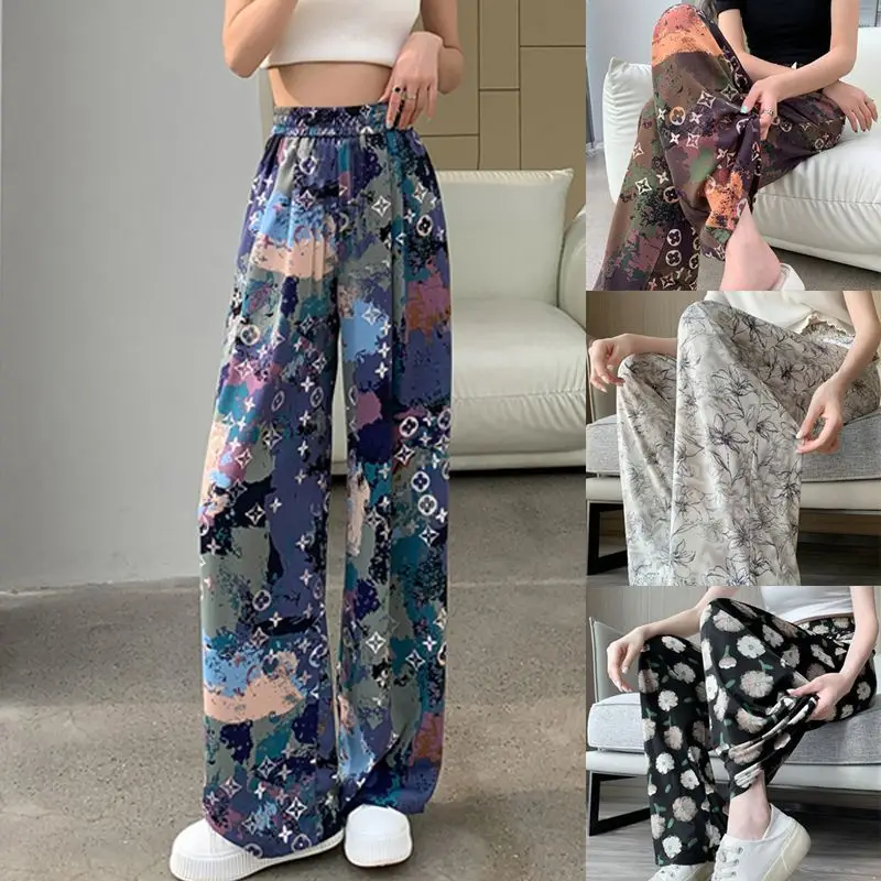 

Ice Silk Wide Leg Pants Women's 2023 Summer Thin High Waist Draping Ink Tie Dyed Lazy Casual Sun Protection Pants