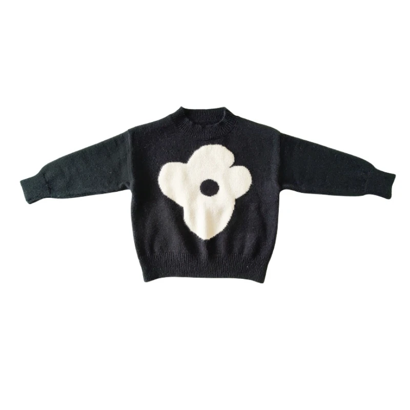 

WLG Girls Big Flower Sweater Kids Knitted Black Loose Sweaters Baby Girl Clothes for 2-7 Years Children