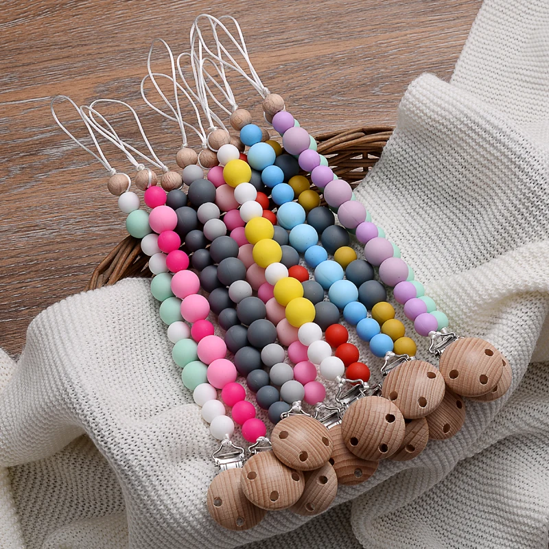 

Baby Anti-drop Chain Pacifier Clips Silicone Beads Infant Nipple Appease Soother Chain Wood Clips Dummy Holder Nipple Clip