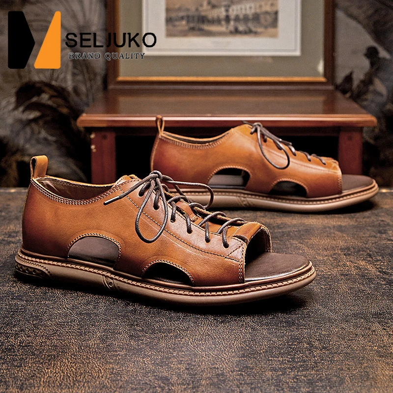 

Leather Men's Sandals Roman Shoes High-Grade First Layer Cowhide Ltalian Handmade Fashion Men's Leather Slippers Breathable