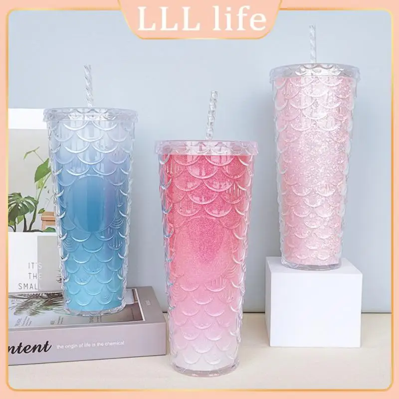 

Water Bottle Plastic Straw Cup Durable In Using Heat Insulation Drinking Cup New Fashionable Double Layer Fish Scale Cup