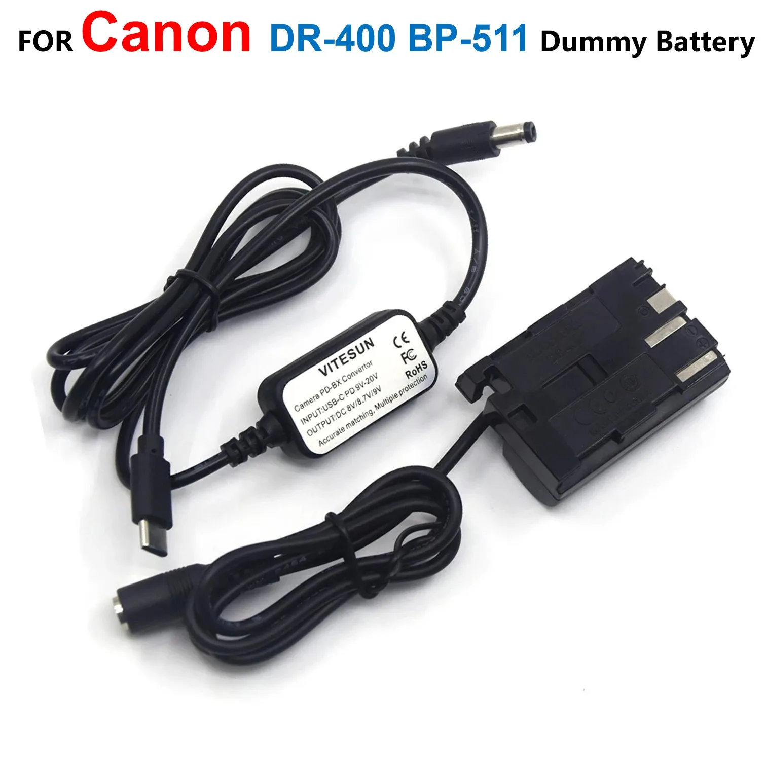 

DR-E2 DR-400 BG-E2/E2N BP-511 Battery Dc Grip USB Type C USB-PD Converter To DC Cable For Canon EOS 20D 30D 40D 5D 50D D30 D60