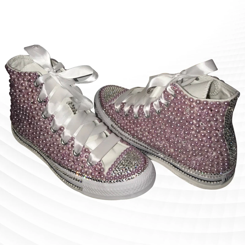 

Pink high-top canvas shoes comfortable walking pearl handmade custom rhinestone flat canvas shoes vulcanized shoes 35-46
