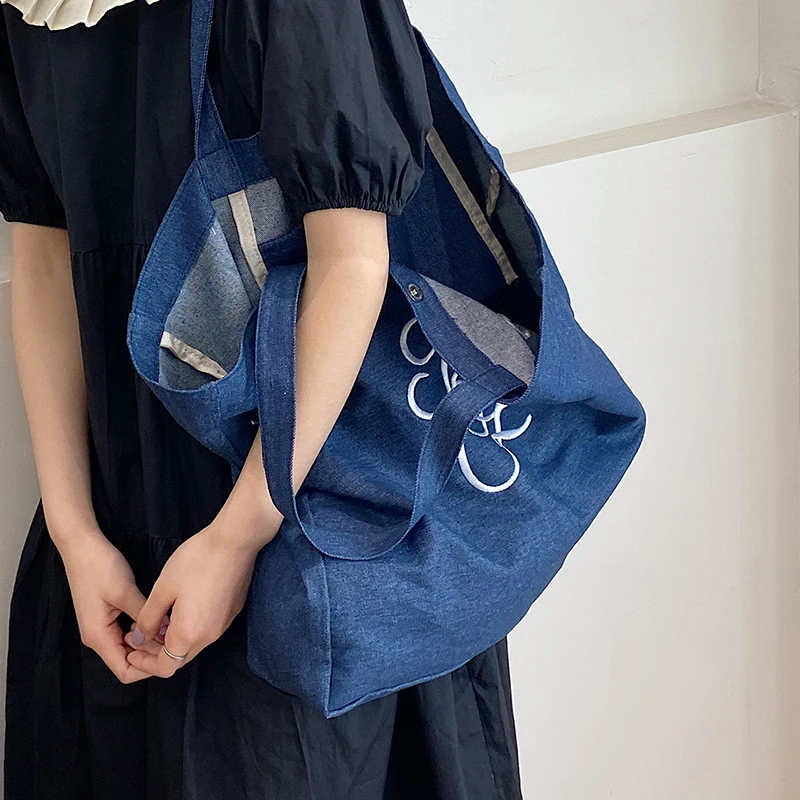 

2023 летняя сумка на плечо для женщин, джинсовая Повседневная сумка-шоппер, женская синяя холщовая модная вместительная сумка-тоут, сумка и кошелек