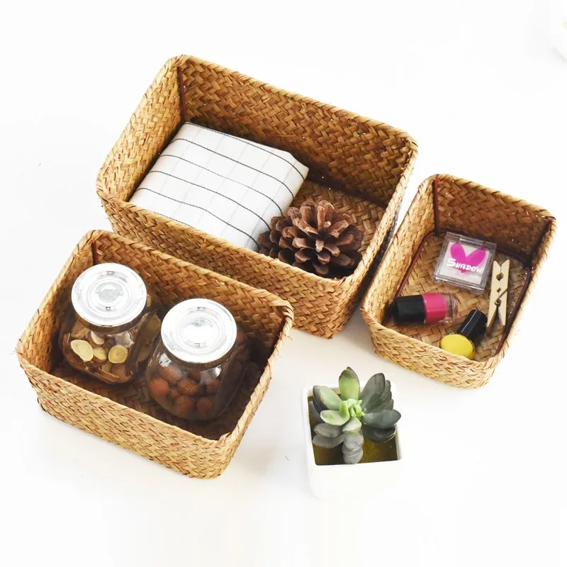 

Handmade Woven Storage Boxes Straw Storage Baskets Rectangle Cosmetic Gadgets Toys Basket Container Home Bathroom Without Cover
