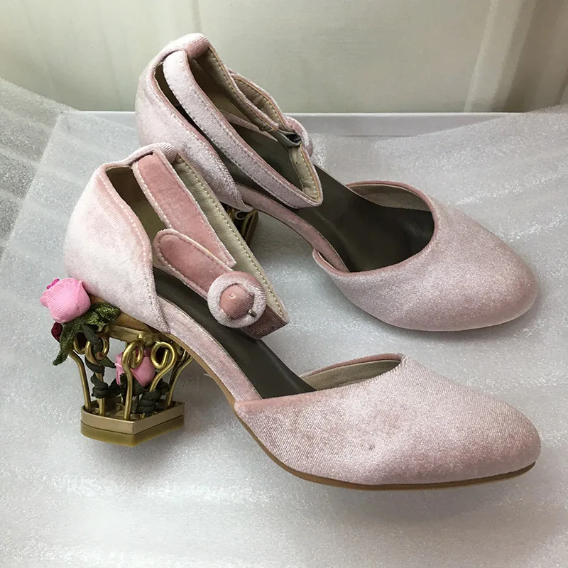 

Женские бархатные туфли Мэри Джейн, туфли-лодочки в стиле ретро на высоком каблуке с цветами и птичьими клетками, размеры 43, для весны и лета, 2023