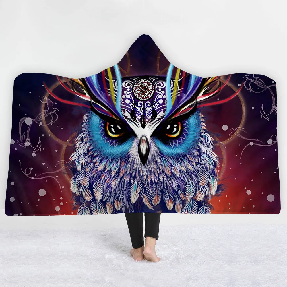 

Animals Owl Hooded Blanket Portable Winter Wearable Microfiber Hoodie Blanket Cloak Blankets Sofa Bed Throw Blanket