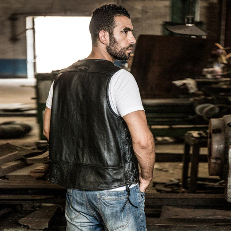 Мужской кожаный жилет двойного назначения на пуговицах со стальной цепью