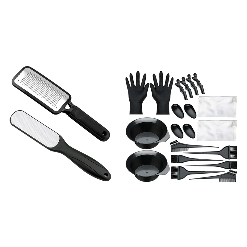 

2X Pedicure Rasp Foot File Callus Remover & 20 Pieces Hair Dye Coloring Kit, Hair Tinting Bowl, Dye Brush, Ear Cover