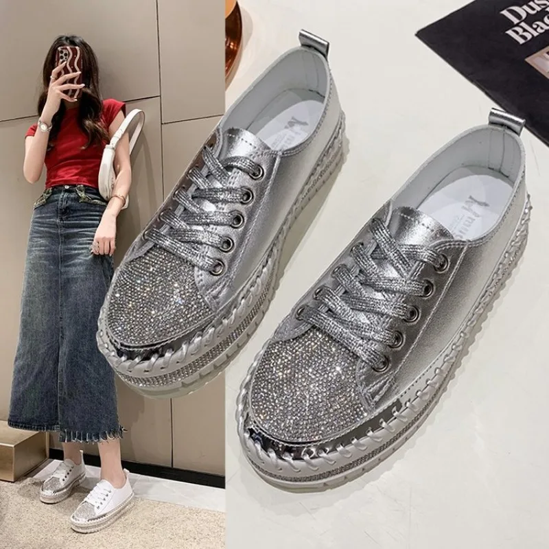 

Fashion Designer Sequined Stitching Thick-soled Sneakers Slip-on Loafers Rhinestone Silver Lace-up Women's Shoes Casual Flats