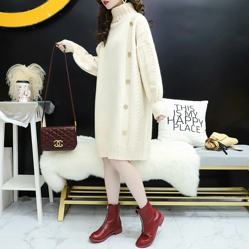 

Winter Autumn Thick Turtleneck Sleeve Knitted Sweater Women 3 Color Loose High Collar Long Knitting Pullovers Tops Female