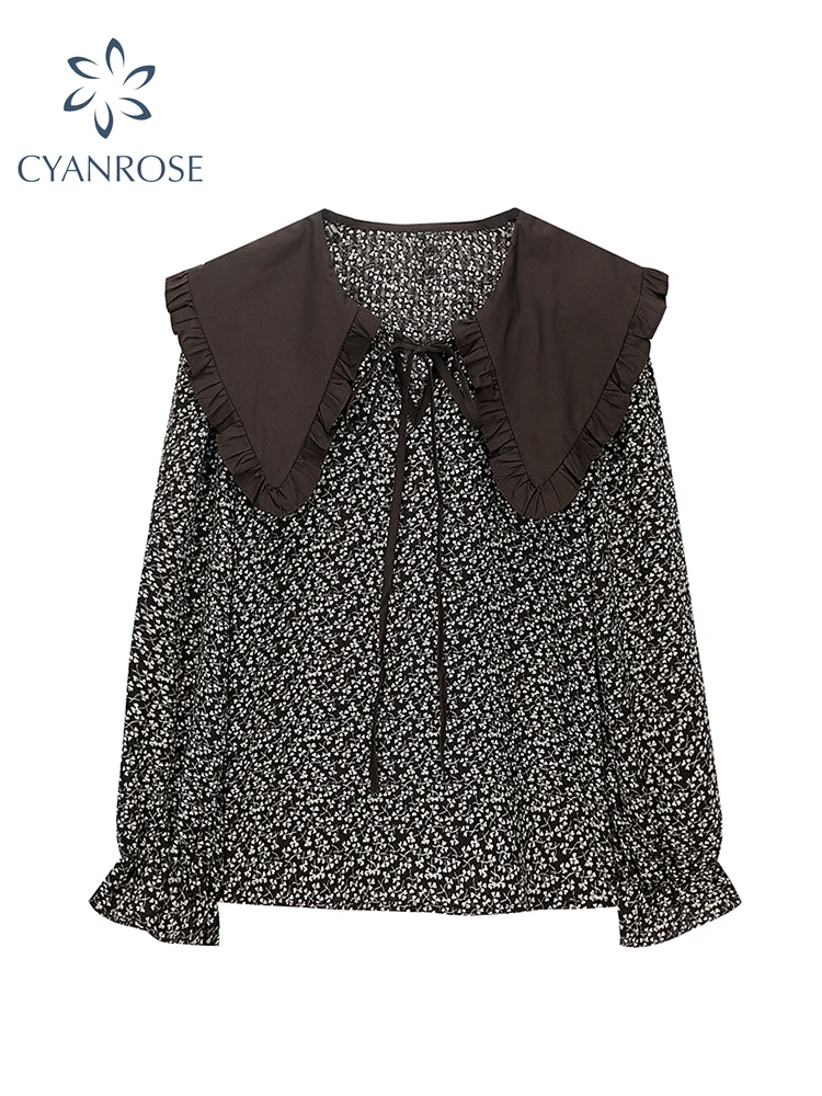 

Women Vintage Floral Print Shirts Peter Pan Collar Long Sleeve Spring Fashion Loose Office Ladies Female Sweet Elegant Blouses