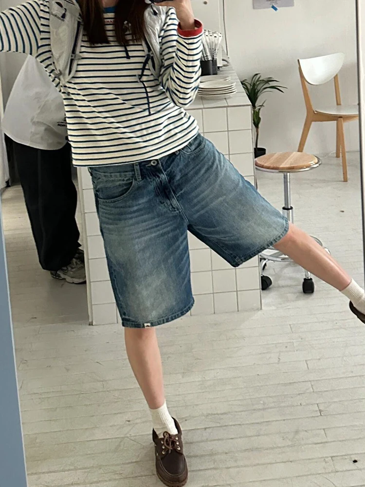 Джинсовые шорты с высокой талией для женщин мешковатые до колена синие свободные