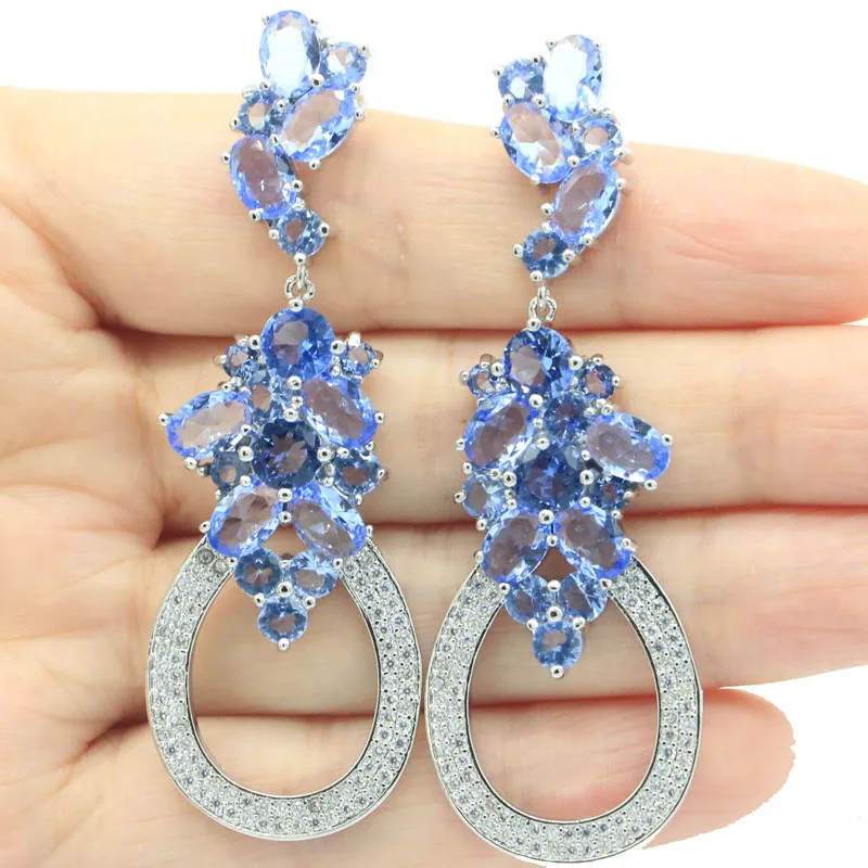 

42x22mm Romantic Created Big Drop Shape Gemstone Rich Blue Violet Tanzanite CZ Woman's Gift Silver Earrings