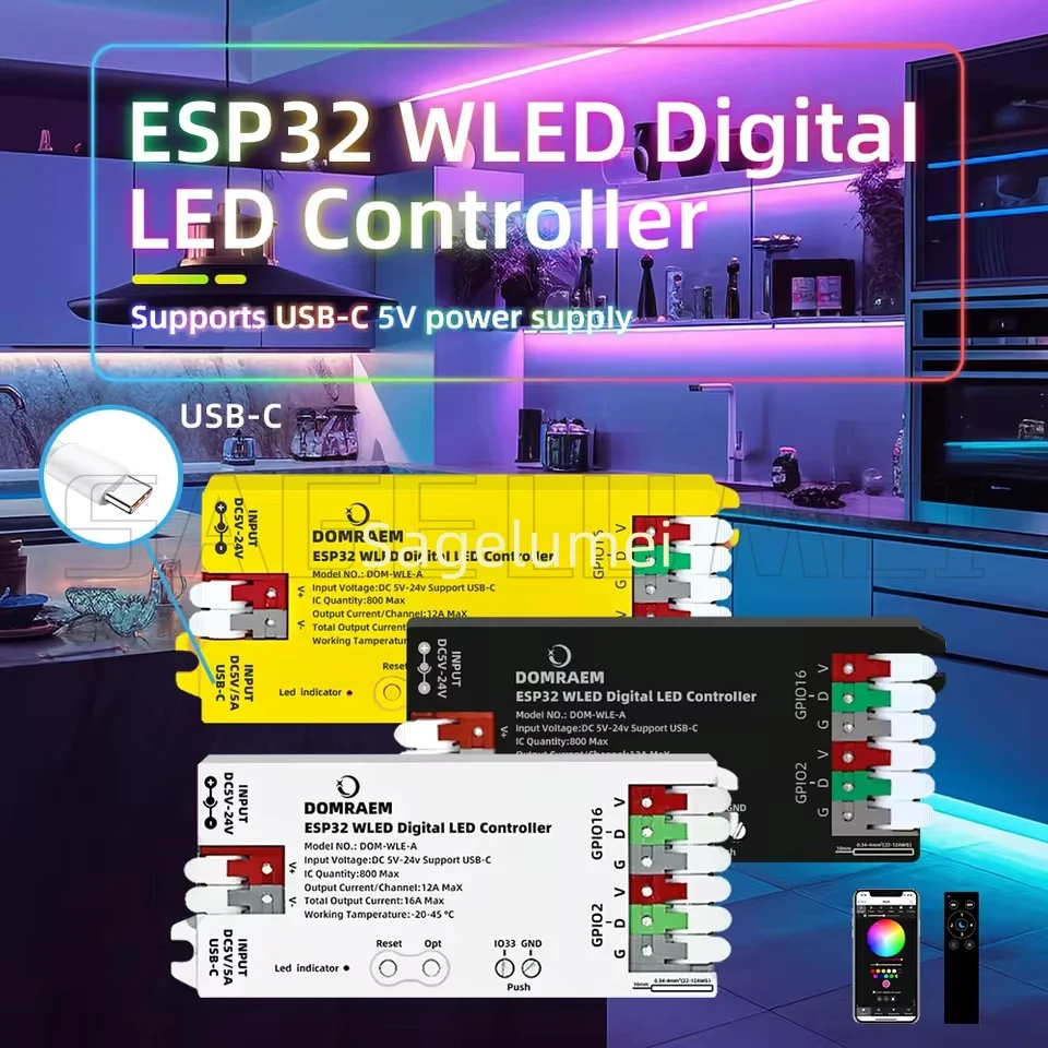 Фото DOMRAEM ESP32 USB-C WLED Цифровой светодиодный контроллер RGB IC DIY APP Предохранитель 16А Работает с полосой HA/MQTT/Alex WS2811/12B/14/05 Sk6812 №2