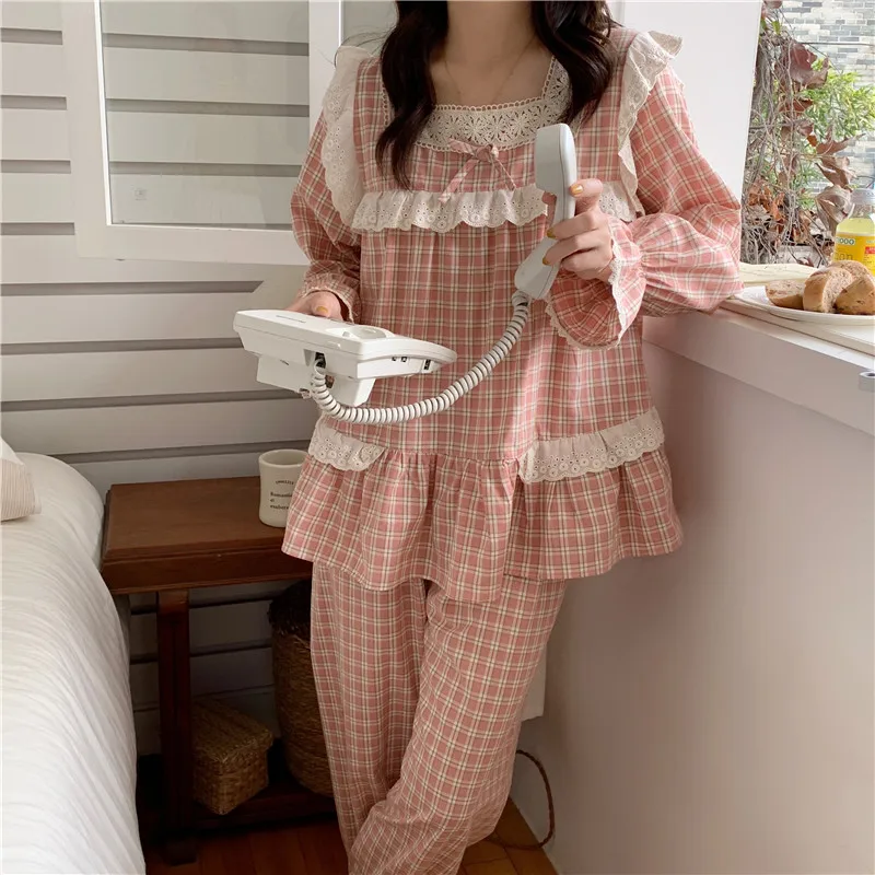 

Square Collar Shirts + Trousers Suit Cotton Two Piece Home Suit Kawaii Lace Ruffles Spring Pajamas Set Korean Sweet Sleepwear