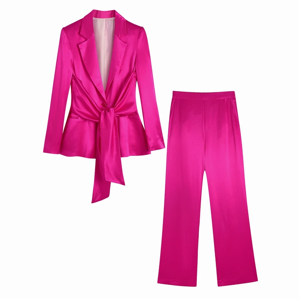 

Stylish Satin Blazer and Trousers Autumn 2022 New Fashion Tied Detail Suit Pant Modern Lady Casual Outwear Set Clothing