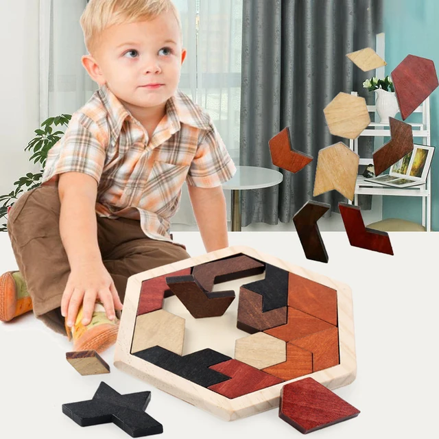 Wooden Hexagon Puzzle For Kid And Adults,Block Tangram Brain Teaser Toy Geometry Logic IQ Game Montessori Educational Gift 5