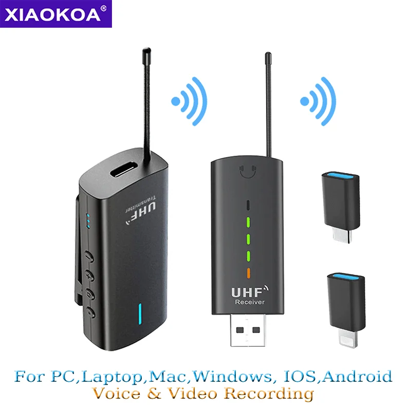 XIAOKOA USB Microphone Wireless for iPhone Android UHF Wireless Lavalier Lapel MIC for Laptop MAC Computer IOS Windows PC Voice