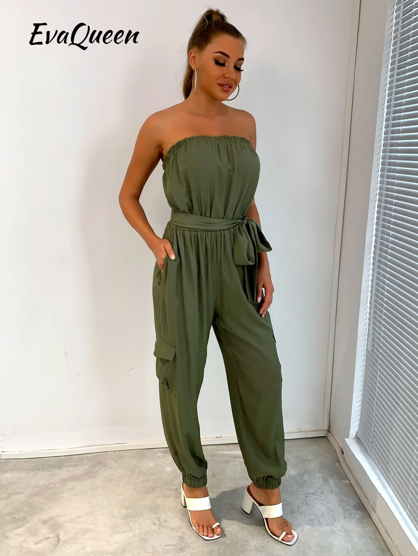 

EvaQueen Dress Slant Pocket Belted Tube Jumpsuit