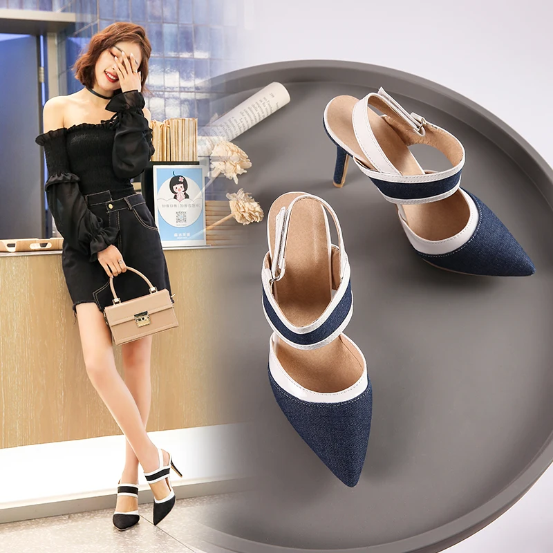 Европейские и американские женские туфли на высоком каблуке из джинсовой ткани