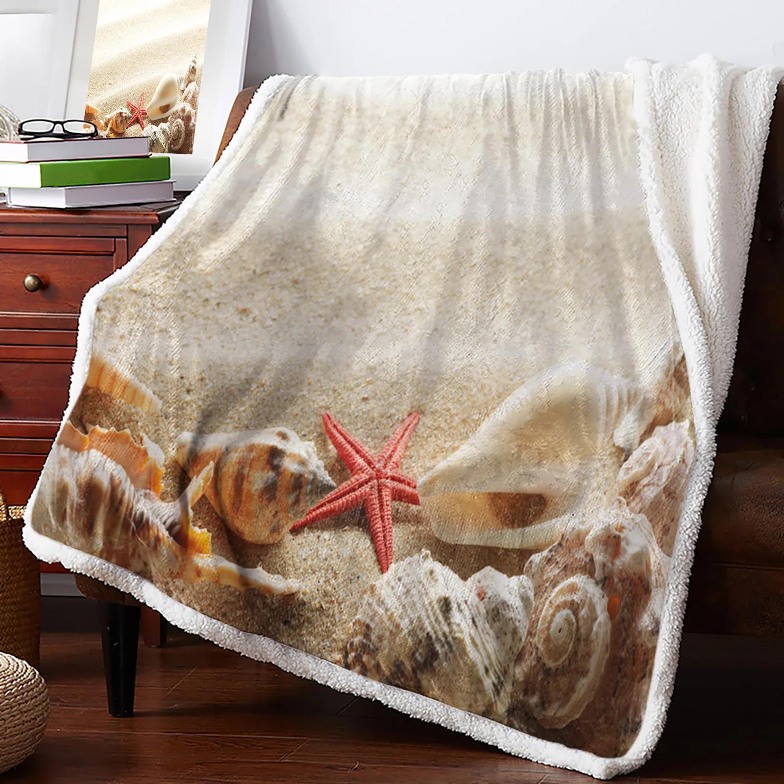 

Beach Starfish Shell Sherpa Blanket Double Thick Velvet Flannel Bedspreads Office Nap Throw Blanket Sofa Cover Bedding