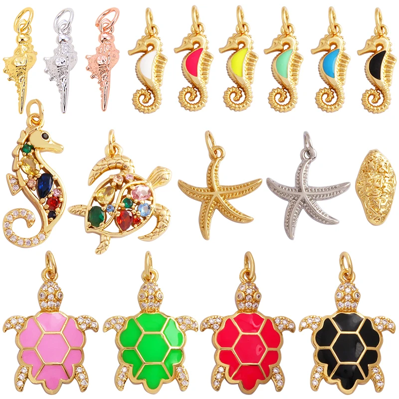 

Starfish Blue Ocean Sea Turtle Sea Horse Conch Shell Charm Pendant,18K Gold Plated Zircon Jewelry Findings Accessories Supplies