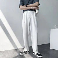 black white pleated pants men fashion belt casual pants men streetwear korean style loose straight pants mens trousers m 2xl