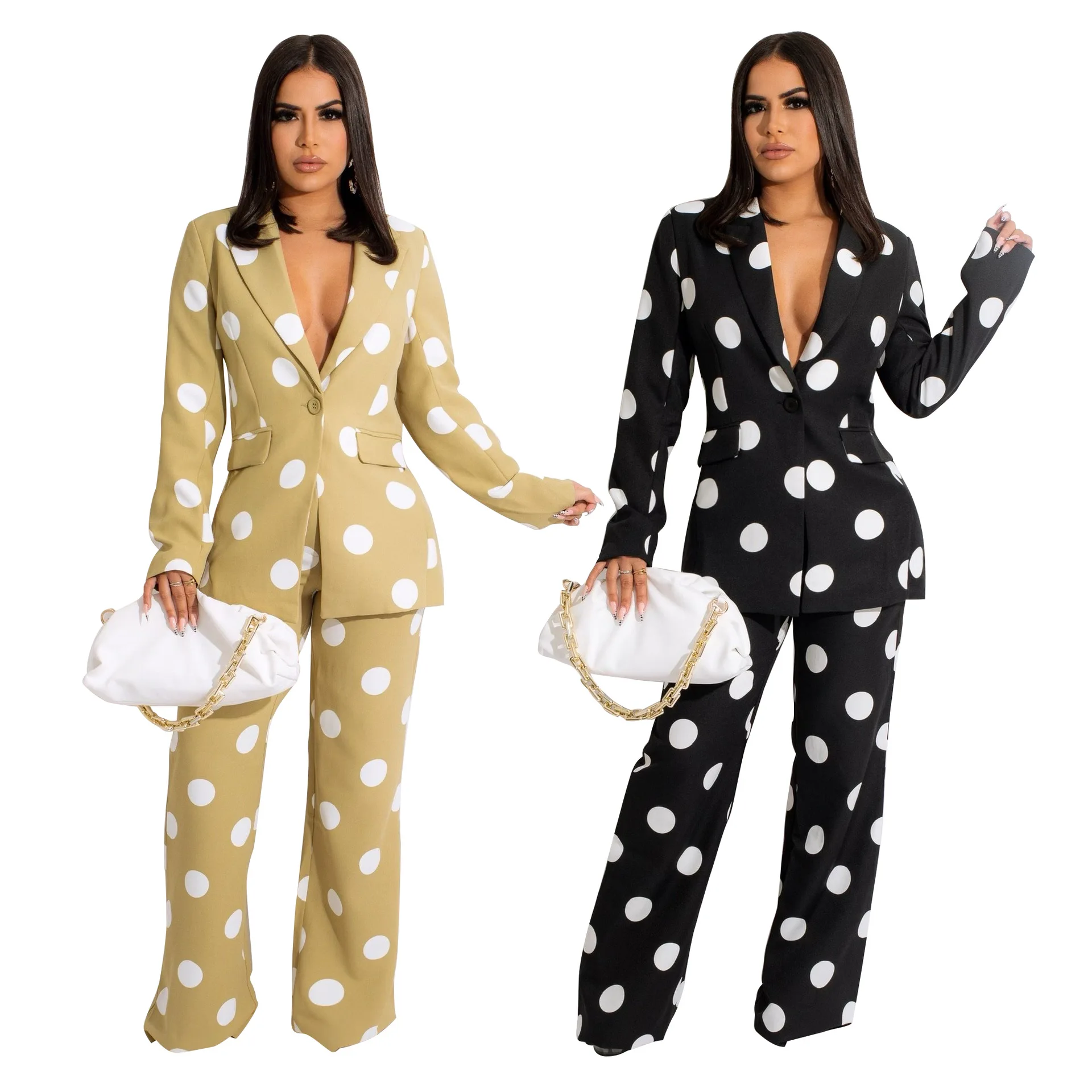 

Women's fashion casual wave dot printed suit two -piece suit