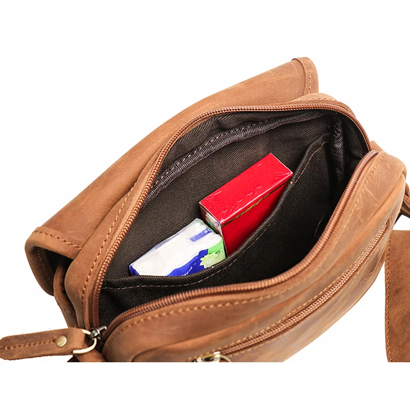 Vintage Men's Crazy horse leather shoulder bag Crossbody Small square bag for iPad mini