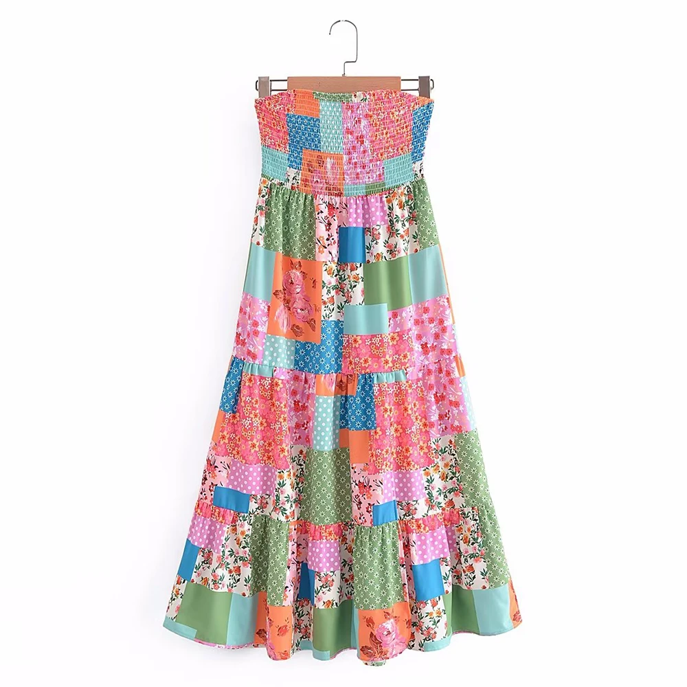 

PB&ZA Elegant Women Dresses Floral Print Lady Vintage Strapless Long Dresses Mujer A-Line Vestidos Beach Outfits Female Clothing