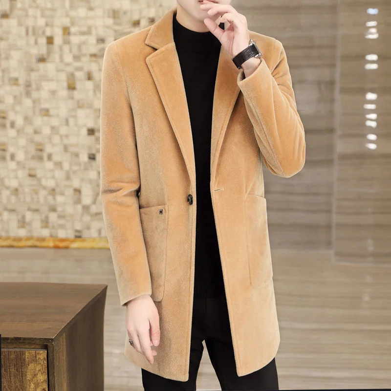 

Winter Men Woolen Windbreaker Korean Slim Abrigo Largo Hombre Golden Wool Blend Solid Color Coat Long Thick Warm Jacket