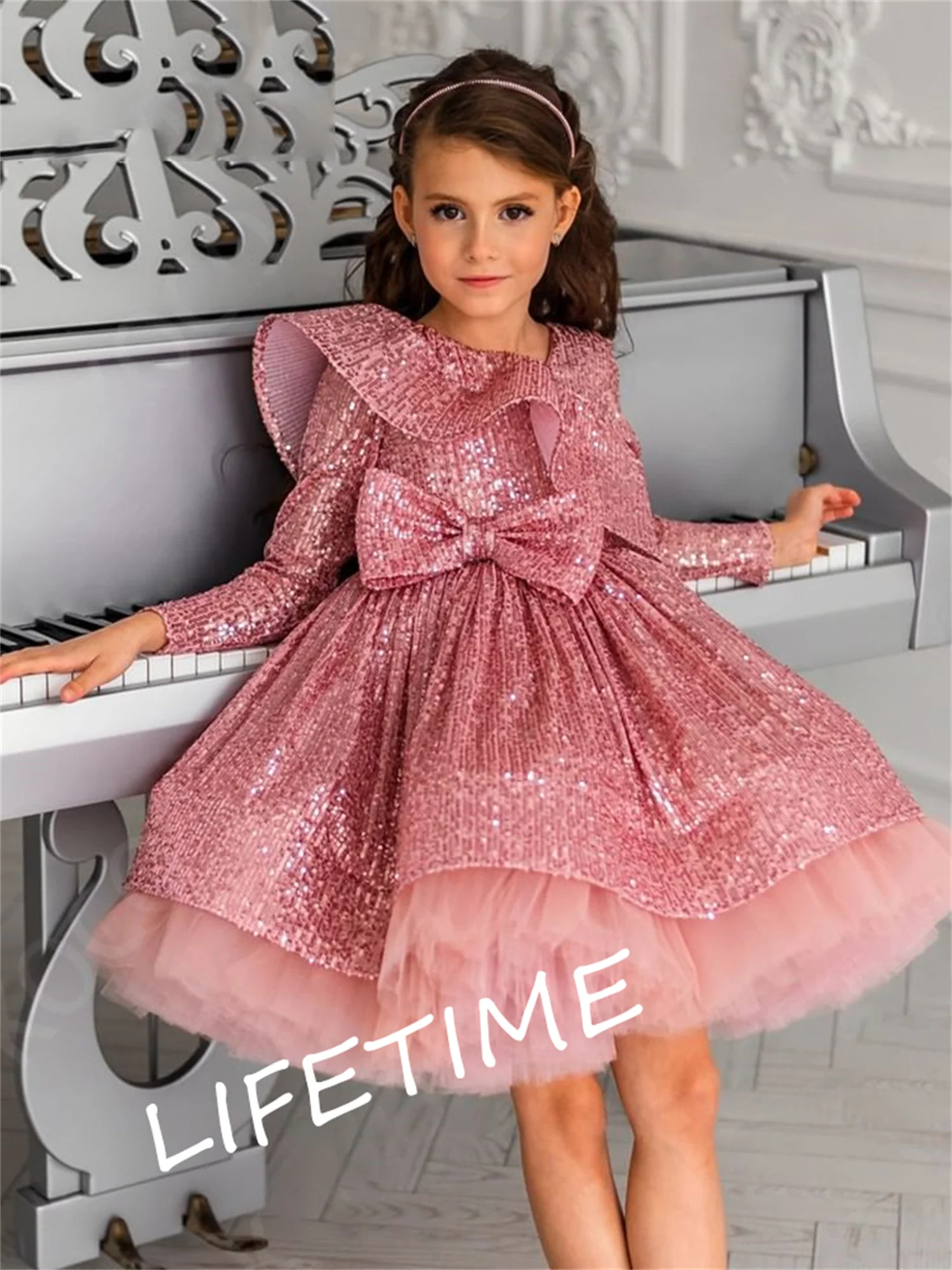 

Dreamgirl Sequin Flower Girl Dress Exquisite Party Dress Blush Wedding Girl Dress A Line Communion Dress Full Sleeves Ball Gown