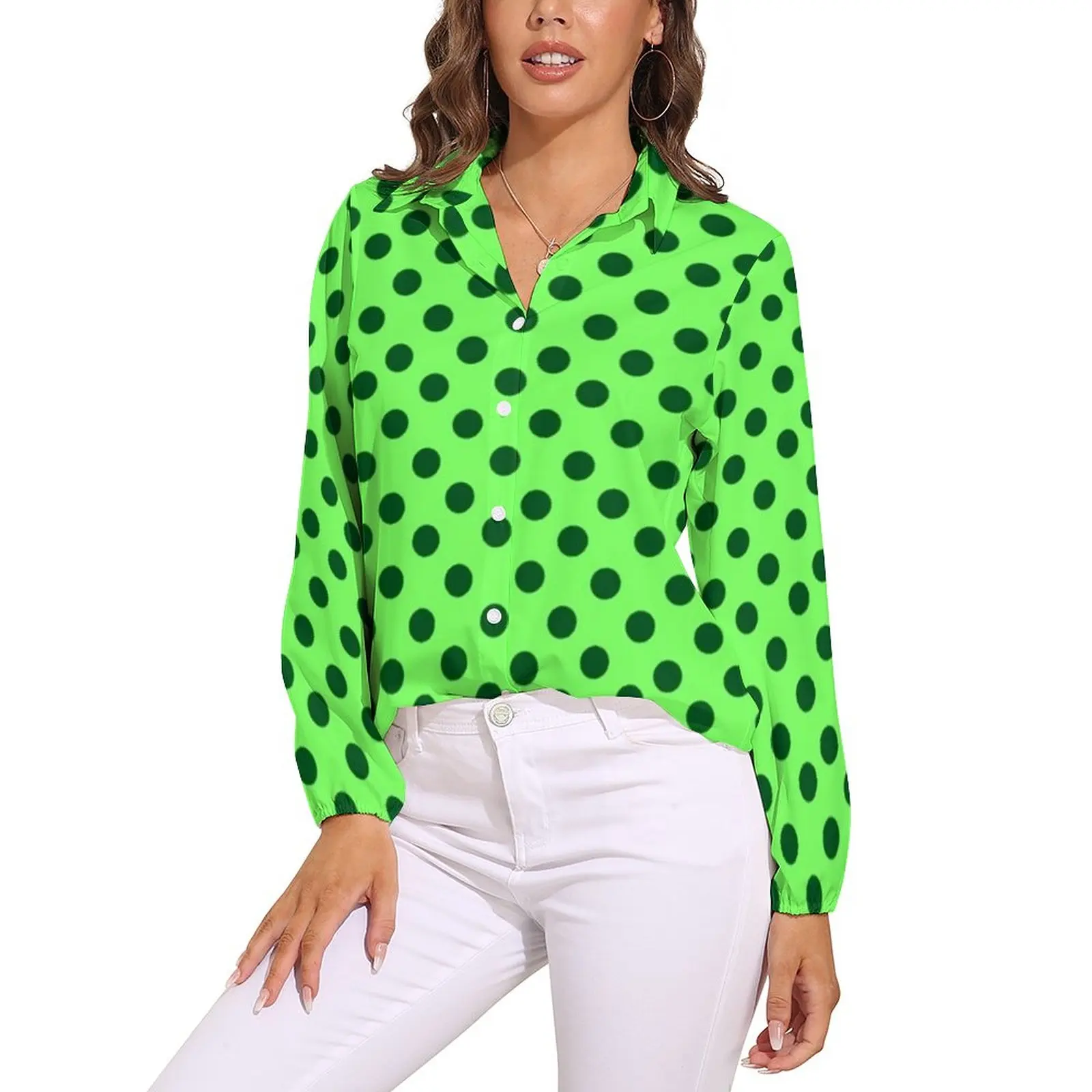 

Mint Polka Dots Loose Blouse Retro Circles Print Casual Oversized Blouses Woman Long Sleeve Vintage Shirt Spring Printed Top