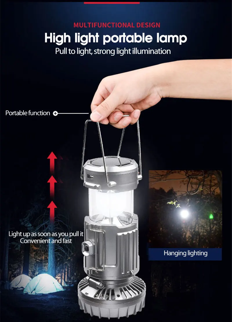 Solar LED Light Fan Camping Lamp Flashlight Work Lighting Emergency Lantern Tent Use 18650 Battery Rechargeable Fishing Lights