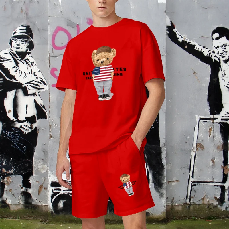 2023 Latest American Flag T-Shirt Cotton Men's 2-Piece Bear Graphic T-Shirt Luxury Brand Men's Summer Shorts Sportswear Couples