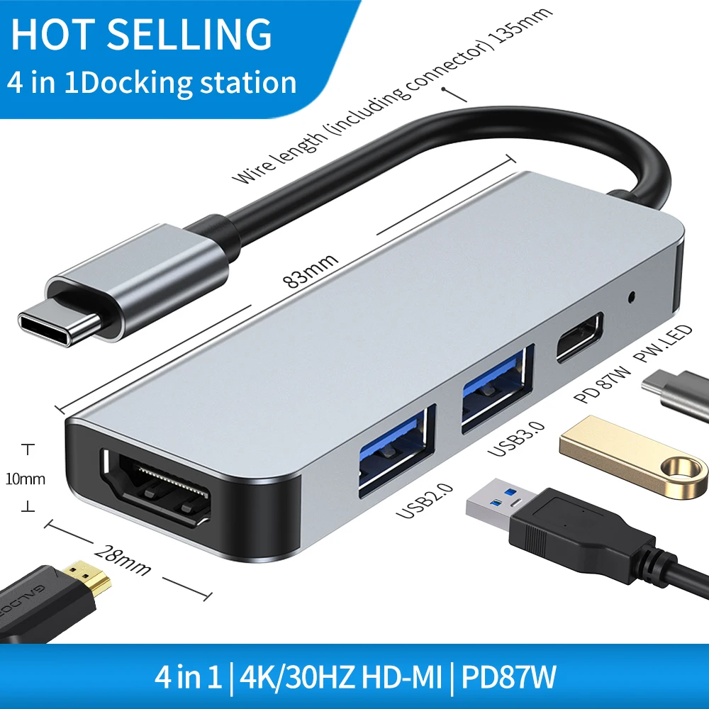 

USB HUB C HUB HDMI Adapter 4 in 1 USB C to USB 3.0 Dock for 2021 M1 MacBook Pro Accessories USB-C Type C 3.0 Splitter USB C HUB