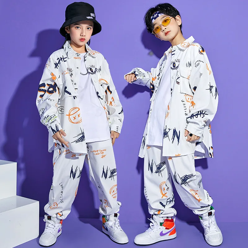

Teen Boys Spring Street Dance Clothes Long Sleeve Graffiti Jacket Sweatpants Girl Loose Hip Hop Costume Kid Cool Shirt Print Set