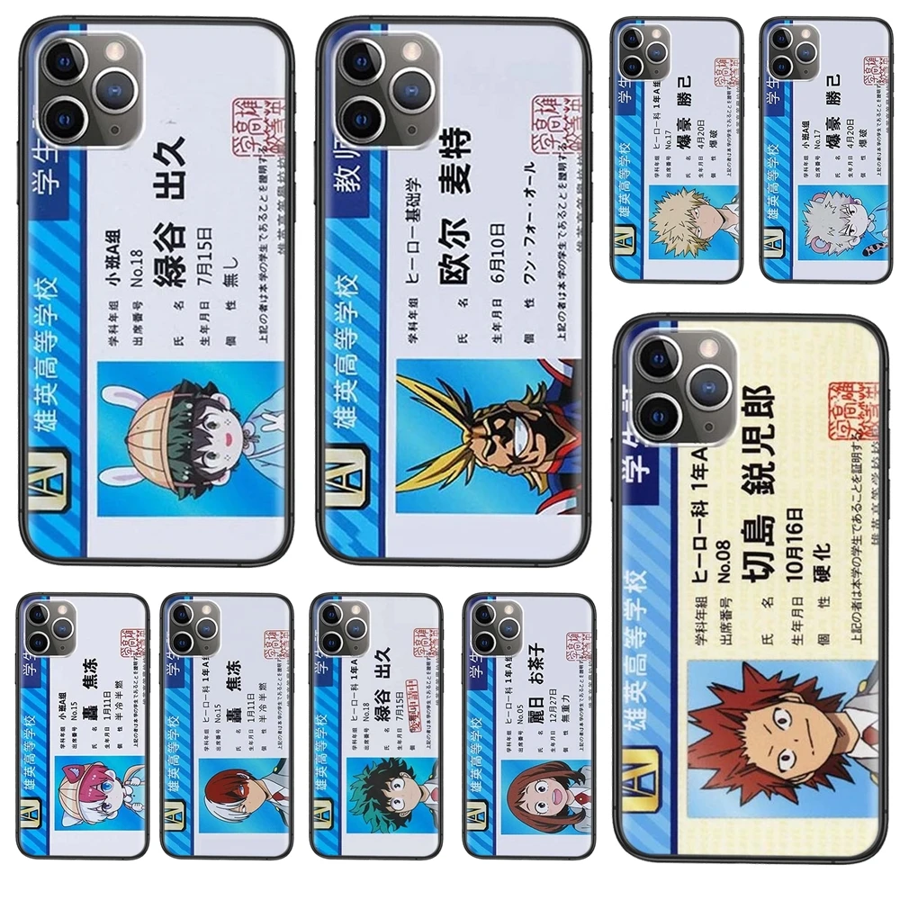Для iPhone 13, 12, 11 Pro Max, 6, X, 8, 6S, 7 Plus, XS, XR, Mini 5S SE, 7 P, 6P, моя геройская академия, Студенческая карточка, Id, черная Водонепроницаемая Красивая задняя кр...