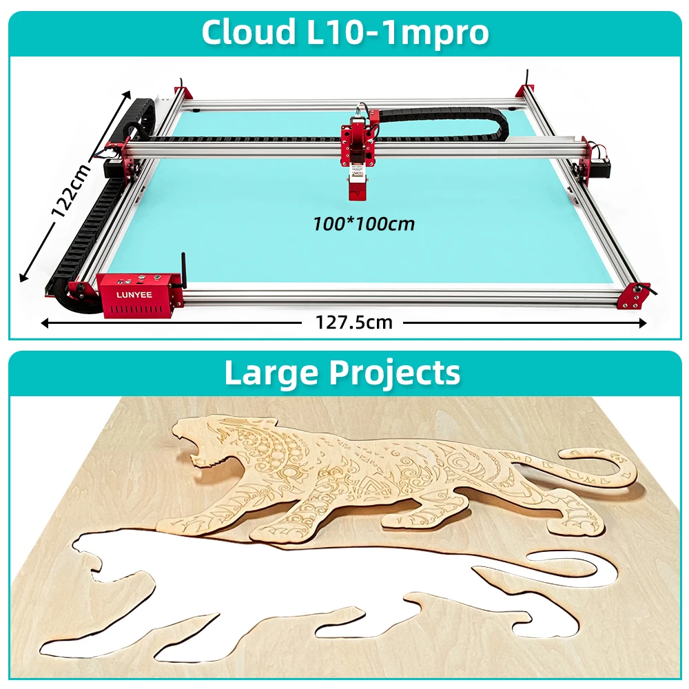 LUNYEE Laser Engraver 80W 100x100cm App Control CNC Router Laser Cutter 2 in 1 Support LightBurn, 10W Laser with Air Assist enlarge