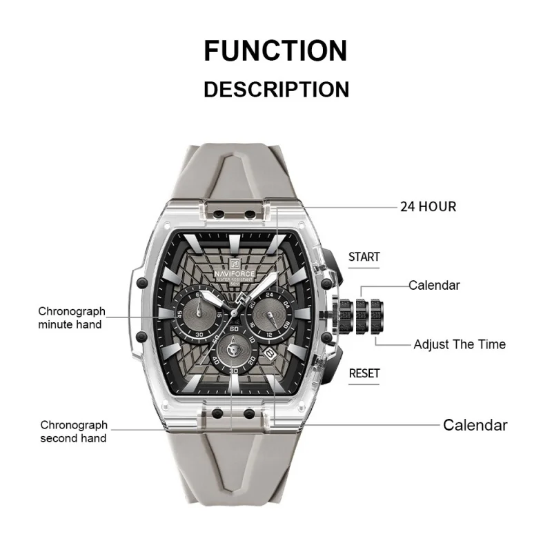 Фото Мужские часы NAVIFORCE высокого качества, многофункциональный хронограф, светящиеся стрелки, водонепроницаемость 30 м, силиконовый ремешок, оригинальные мужские часы №5