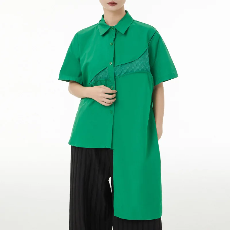 

3Colors Korean Design Irregular Shirt For Women Solid Color Blouse Turn Down Collar Patchwork Short Sleeve Tops