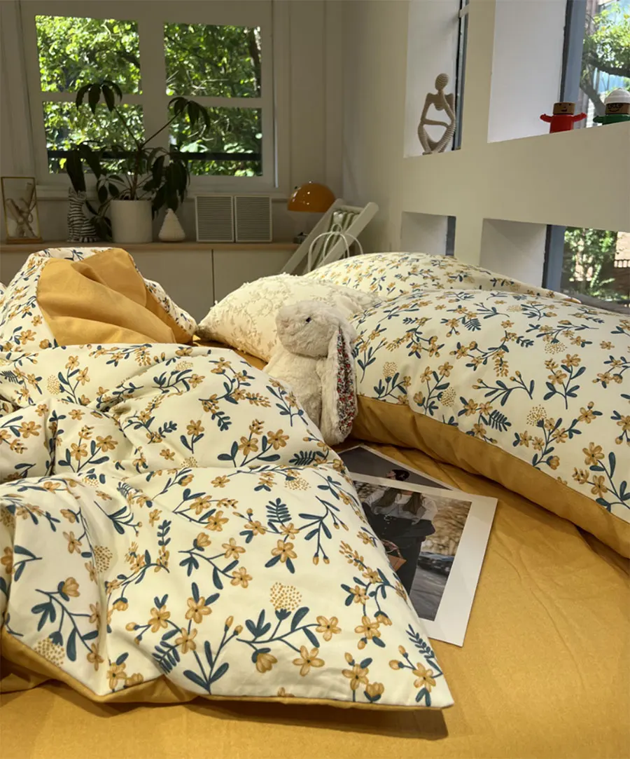 

Fashion pastoral yellow flower bedding set,modern cotton twin full queen king home textile flat sheet pillow case quilt cover