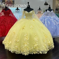 yellow handmade flowers ball gown quinceanera dresses with cape off the shoulder beaded lace vestidos de 15 anos sweet 16
