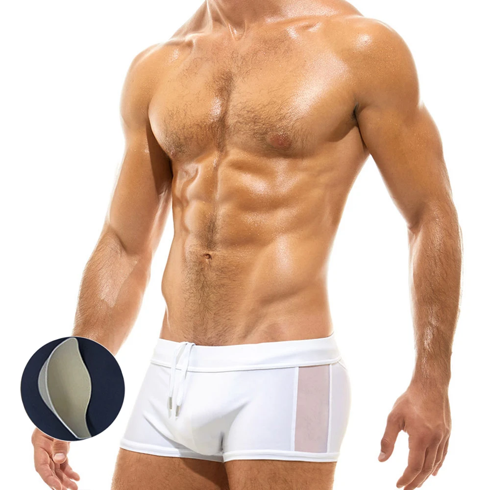 

New Men's Sexy Side Mesh Translucent Boxer Swim Shorts European American Fashion Low Waist Beach Spa Boxers With Push Pads 2022
